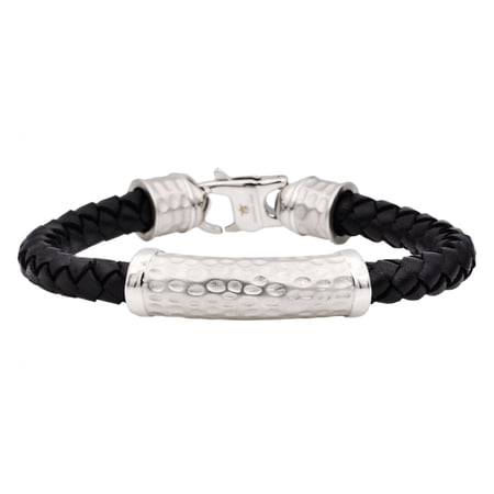 Arista Men's Bracelet Black Leather Hammered Solid Stainless Steel, 8.5"
