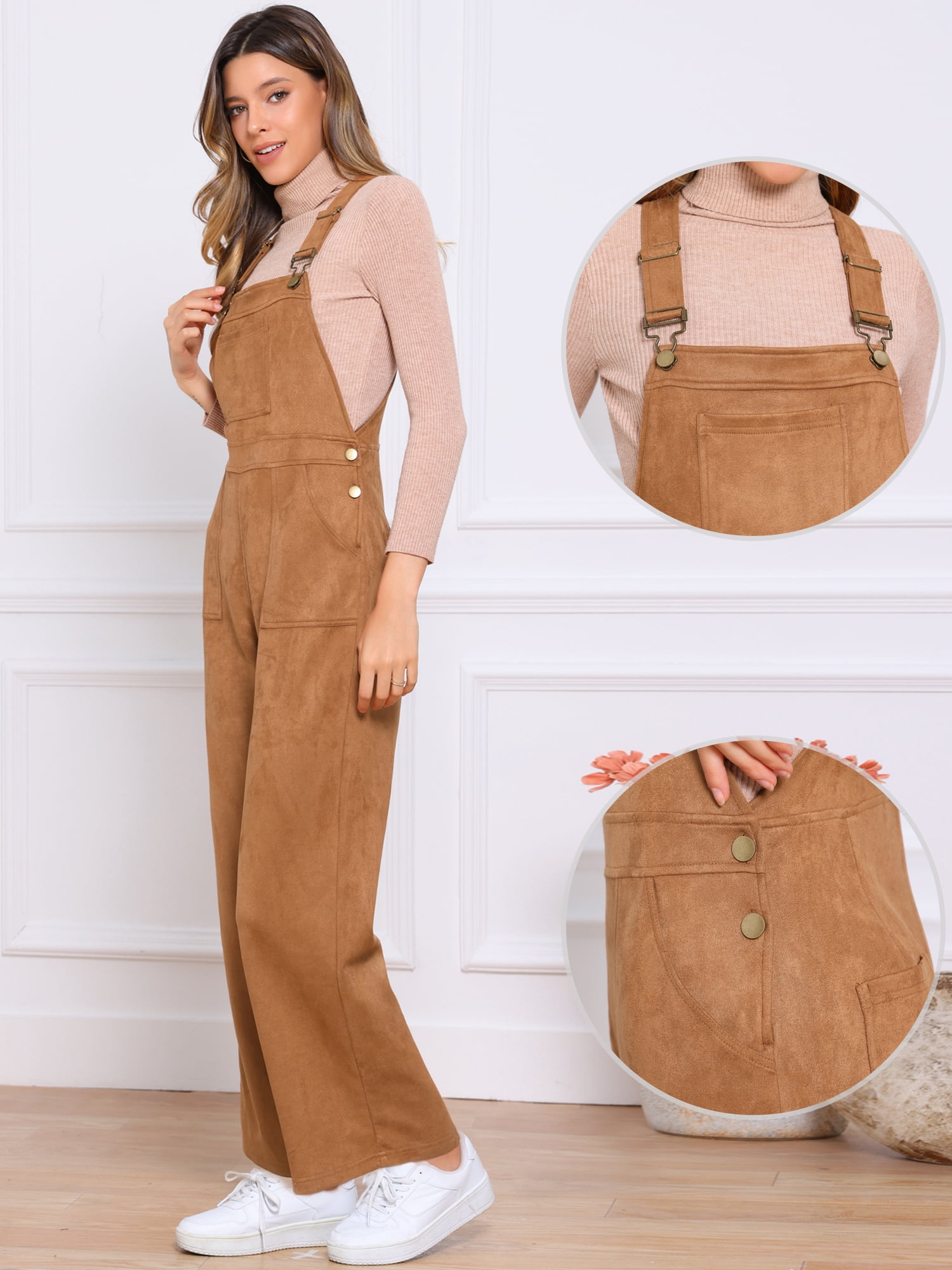 DARING DIVA Women's Adjustable Straps Wide Leg High Waisted Overalls with Pockets XS Brown
