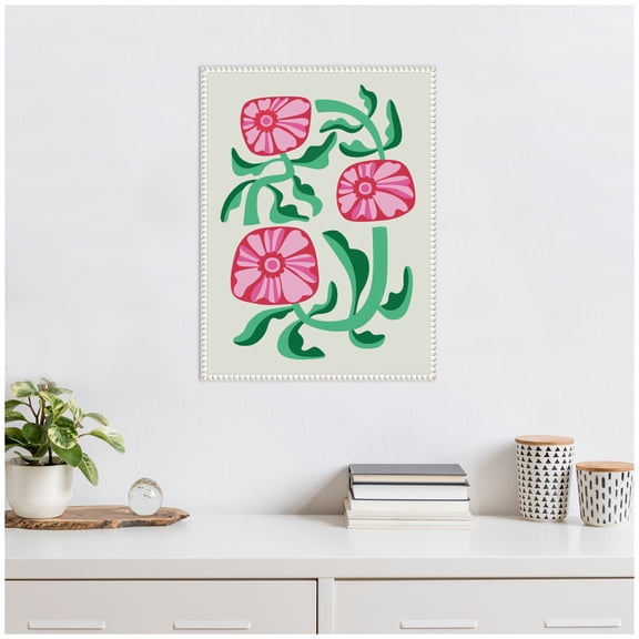 Kate and Laurel Retro Flowers Framed Canvas Wall Art by Rachel Lee 18 x 24 Sylvie Beaded White, Modern, Abstract, Flowers, Nature Art for Wall Decor, Living Room, Bedroom