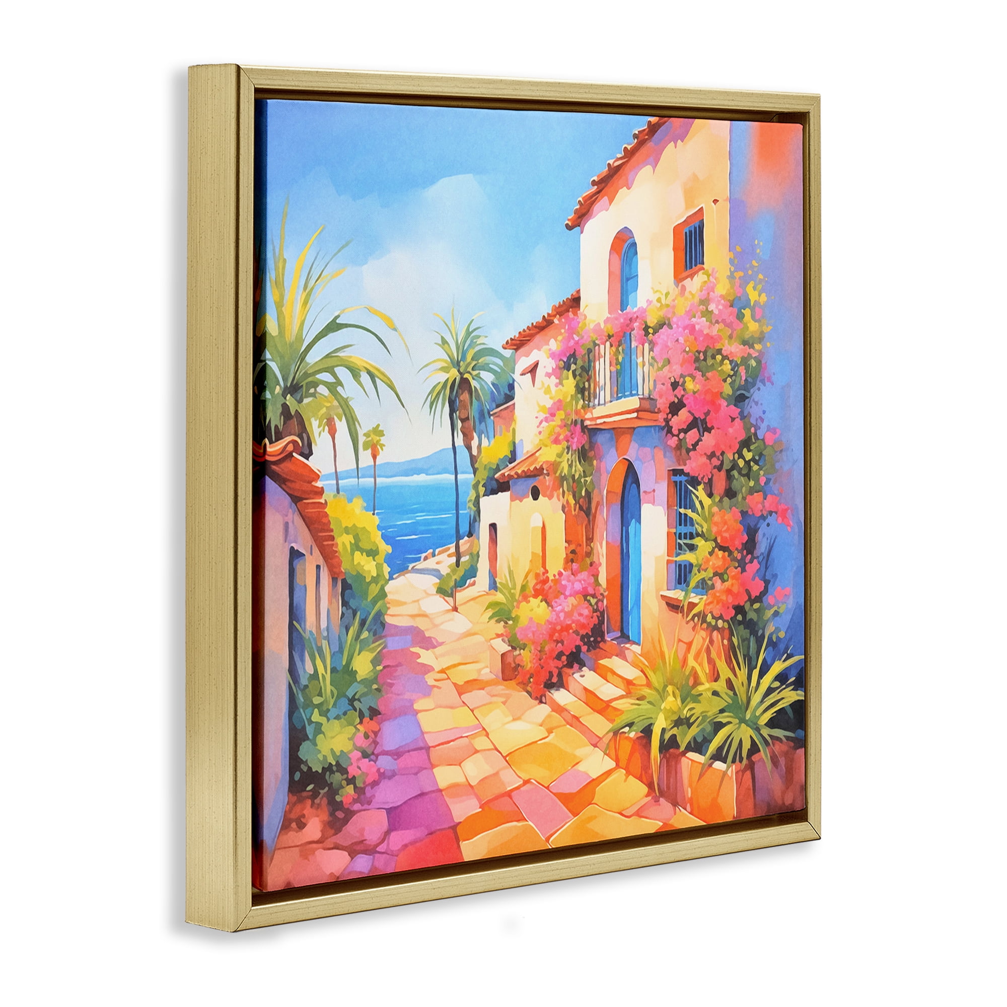 Stupell Industries Tropical Bella Vista Scenic & Cityscapes Painting Gold Floater Framed Canvas Art Print Wall Art, 18 x 18