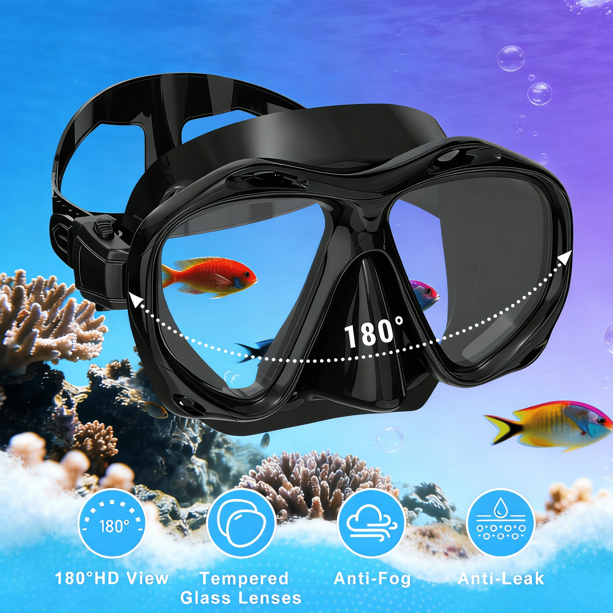 Snorkeling Gear for Adults Men Women, 3 in 1 Snorkel Set with Panoramic View Diving Mask, Dry Top Snorkel Fins for Swimming, Snorkeling and Travel Diving-Black(Large/X-Large)