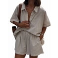 thumbnail image 2 of Women'S 2 Piece Summer Outfits Striped Short Sleeve Button Down Shirt and Shorts Matching Set, 2 of 9