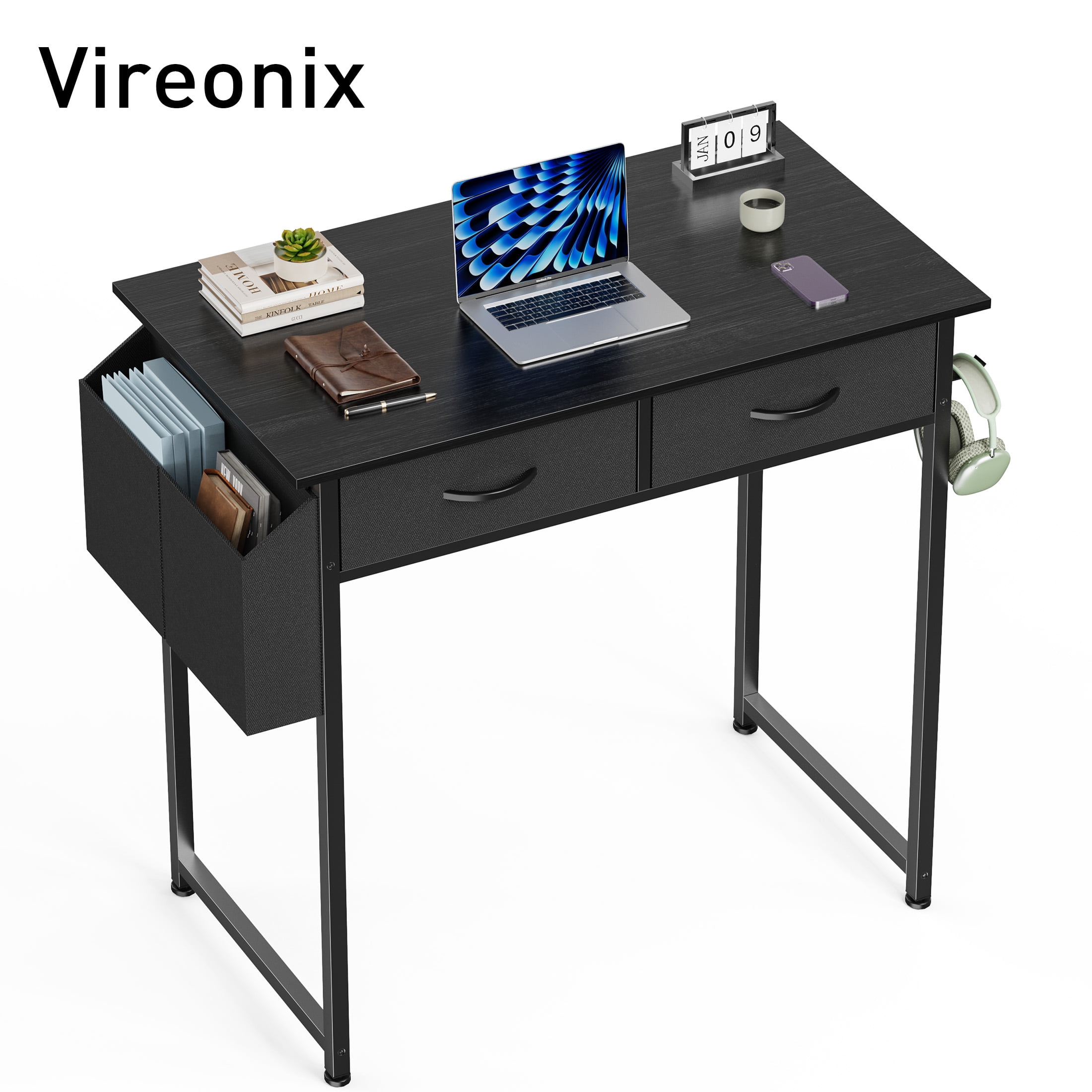 Vireonix 32IN Black Computer Desk with Drawers, Adjustable Feet & Storage for Small Spaces