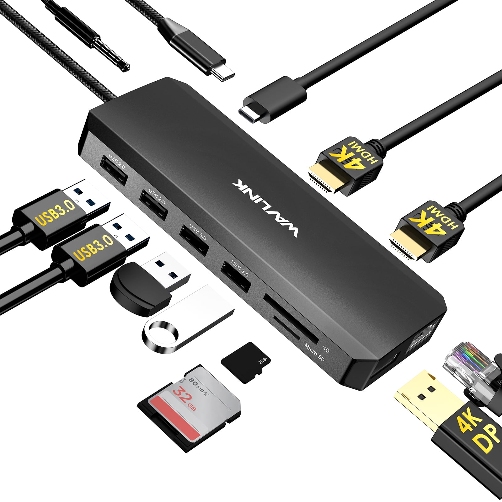 WAVLINK USB C Hub Triple Monitor, 12-in-1 Laptop Docking Station, Multiport Adapter with Dual 4K HDMI, 4K DP, 100W PD IN, 5Gbps USB3.0, USB2.0, RJ45, SD/TF Slots, Audio/Mic