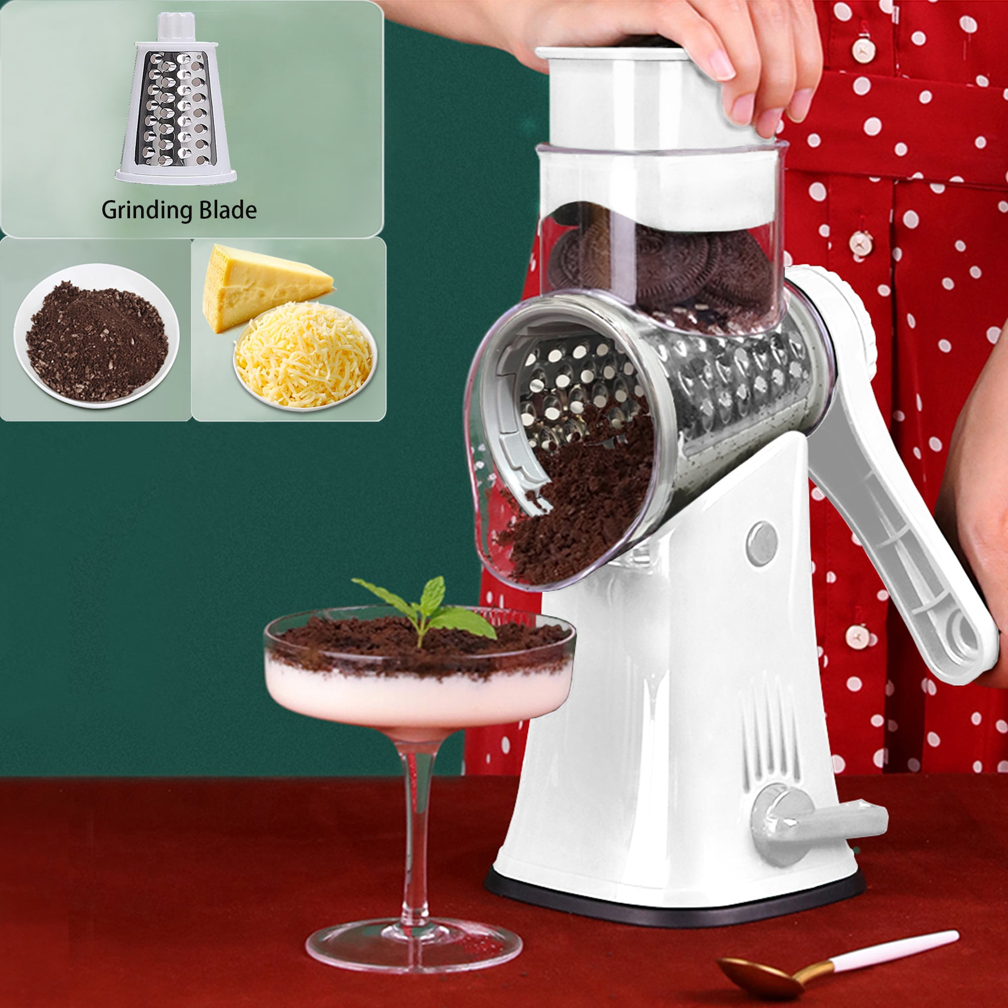Anjinsoft Hand Crank Rotary Cheese Grater Carrot Shredder Vegetable Slicer, 5 Stainless Steel Blades, Dishwasher Safe, White