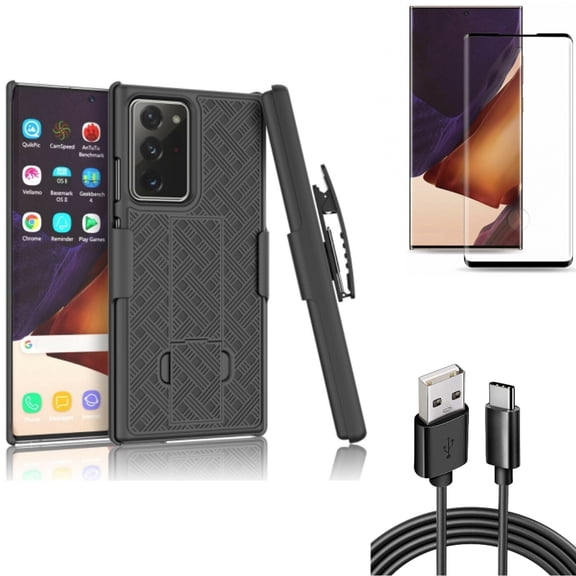 6ft USB Cable & Screen Protector & Case Belt Clip for Samsung Galaxy Note 20 Ultra (6.9") - Combo with Type-C Charger Cord & Tempered Glass (Fingerprint Unlock) & Holster Swivel