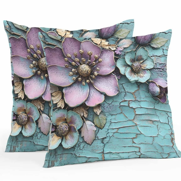 Waterproof Throw Pillow Covers Set of 2, 20x20 Inch Purple Flowers Decorative Pillowcases Outdoor Pillow Slip Cushion Covers Set for Couch Tent Retro Floral Pastoral Mottled Walls