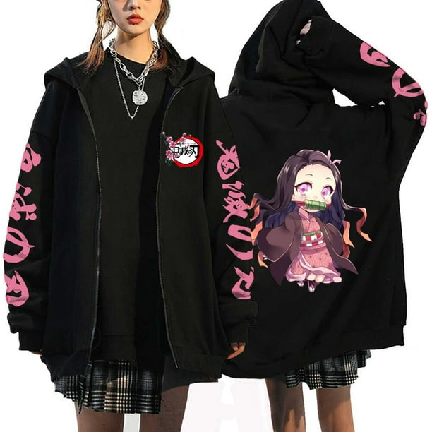 Anime Demon Slayer Hoodies Kamado Nezuko Print Zip Up Jacket Hip