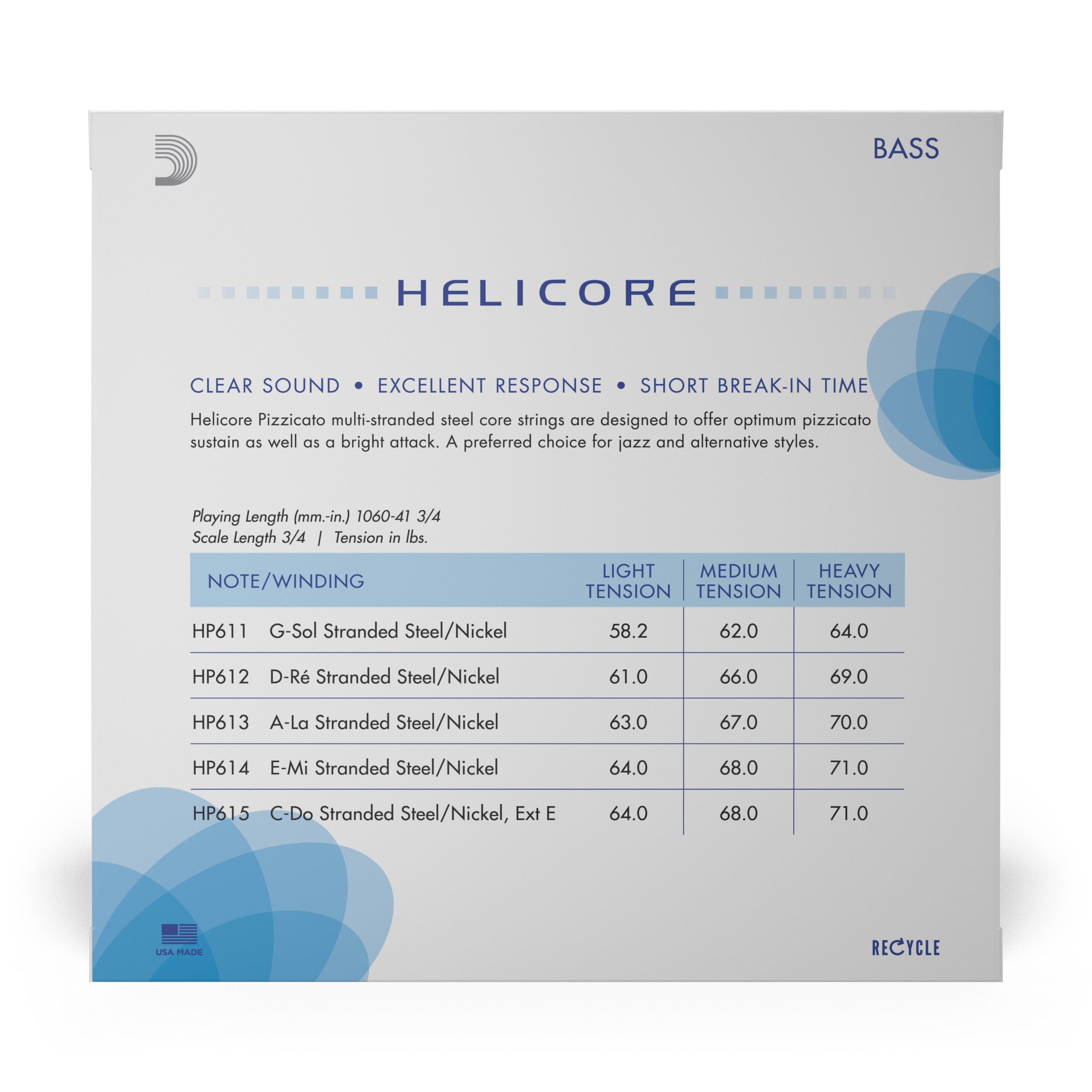 D'Addario Helicore Pizzicato Bass String Set, 3/4 Scale, Medium Tension
