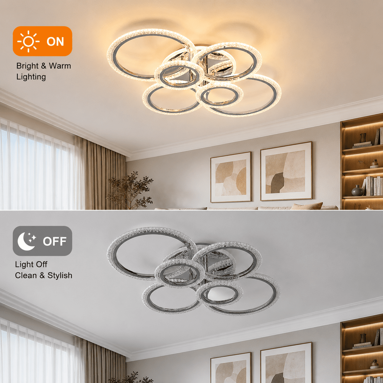 Garwarm Chrome 6-Ring LED Ceiling Light, Modern Dimmable Flush Mount Ceiling Light with Remote, Acrylic Ring Ceiling Lamp Fixture for Living Room, Dining Room, Bedroom