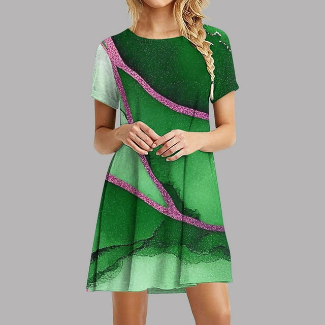 Liquidation d'Été Iumwxz Robe à Col Rond à Manches Courtes pour Femmes Tendance Ligne A Décontractée Plissée Robe Courte Robes à Imprimé Rayé Robes d'Été Décontractées pour Femmes Robe Confortable pour la Saint-Valentin