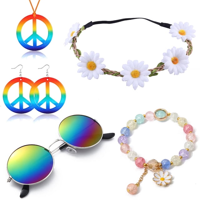 Traje de hippie de Halloween, gafas, pendientes, collar, tocado, collar con el logo de la paz