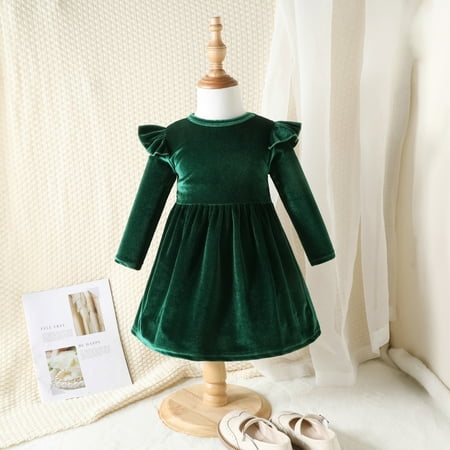 

OBEEII Toddlers Baby Girls Fall Long Sleeve Solid Color Ruffled Velvet Dress Baby Girls Cake Smash Dress Wedding Flower Girl Dress 3-4 Years Green