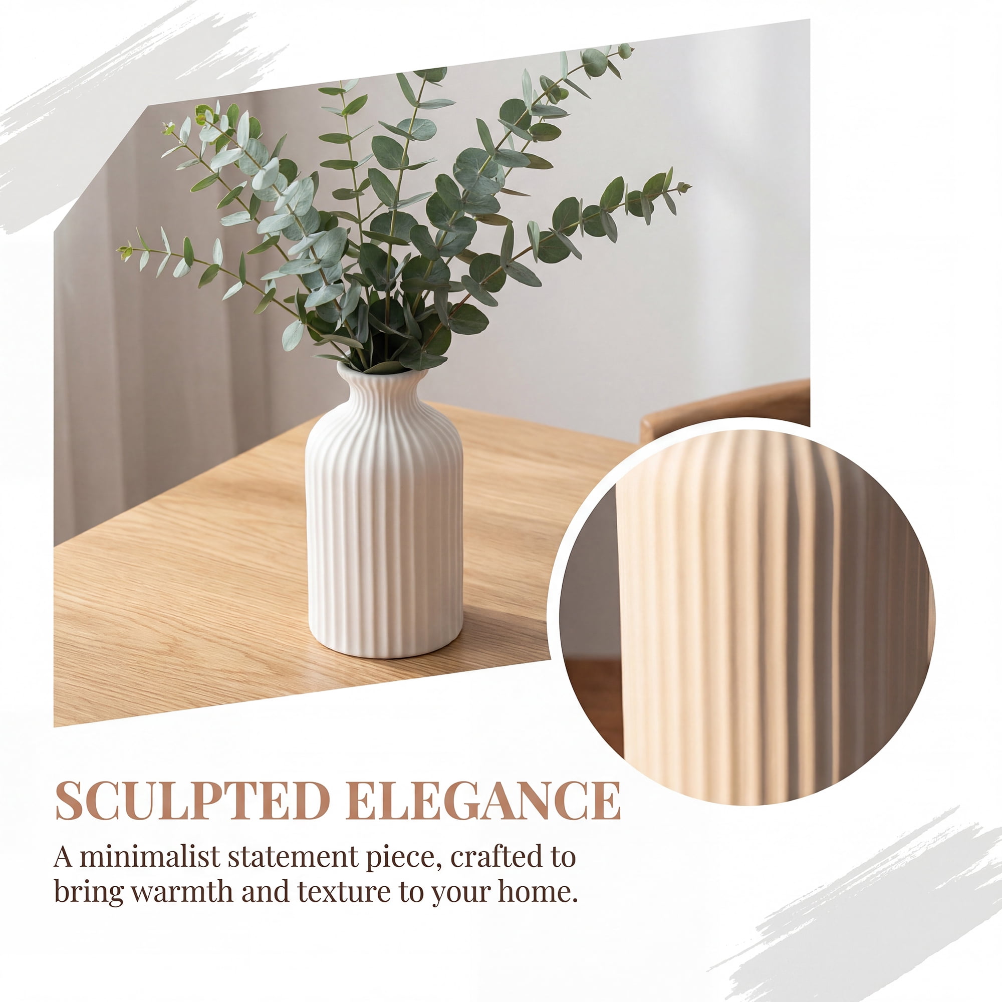 Unique Bargains Modern Ceramic Matte Ribbed Flower Vase White 3.1" x 3.1" x 5.9"
