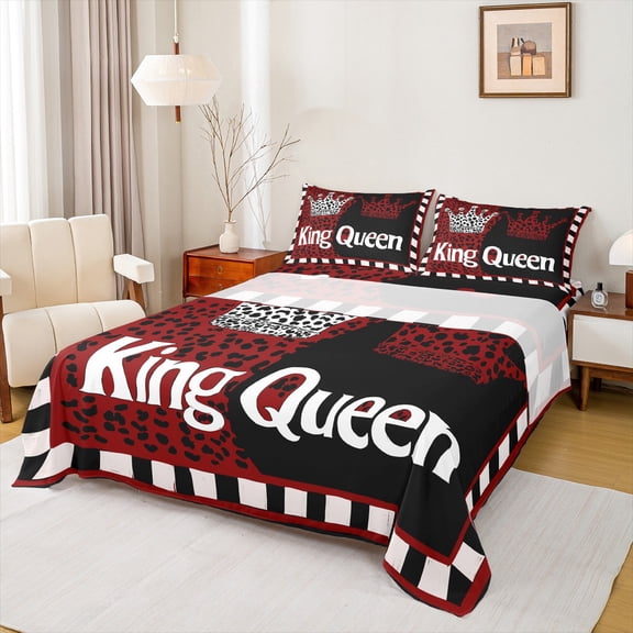 Castle Fairy Boys Girls Happy Valentine's Day Twin Sheet Sets 3pcs,King And Queen Crown Twin Fitted Sheet Microfiber,Animal Leopard Print Breathable Flat Sheet,Microfiber Bedroom Decor
