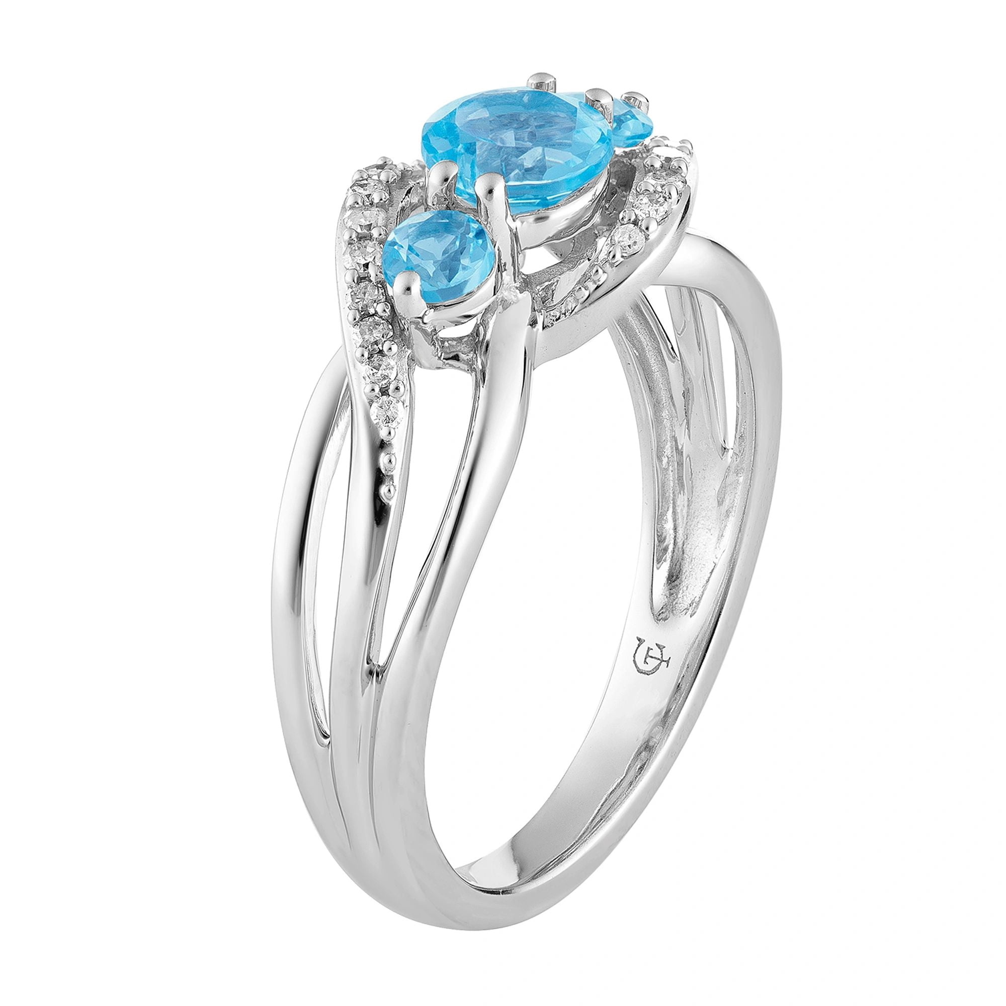 10k White Gold Swiss Blue Topaz & 1/5 Carat T.W. Diamond 3-Stone Ring