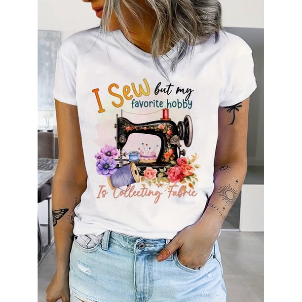 Comfy Cotton Blend Chic Sewing Machine Graphic Tee for Women - Crew Neck, Short Sleeve, Non-See-Through, Machine Washable Casual Top