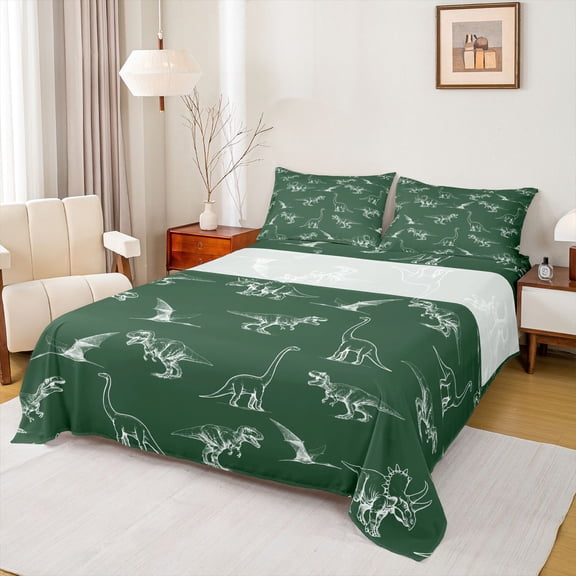 Feelyou Deep Green Dinosaur Bed Sheets for Boys Men, Retro Line Wildlife Art King Sheets, Green, 4-Piece