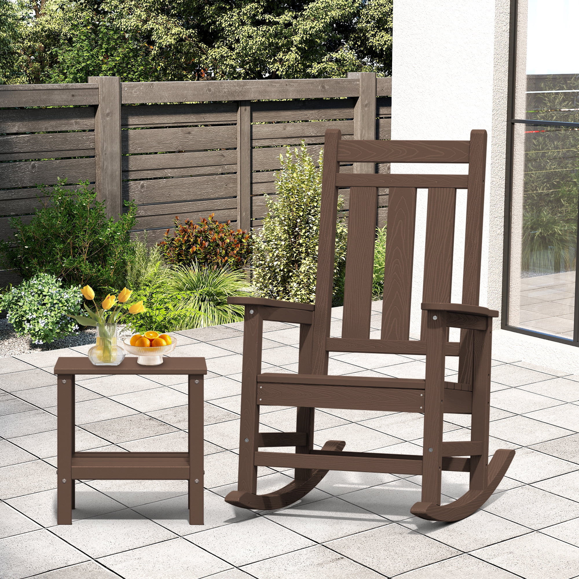 KINGYES Outdoor Rocking Chair Set of 2 HDPE All Weather Patio Rocker for Garden Lawn, Brown