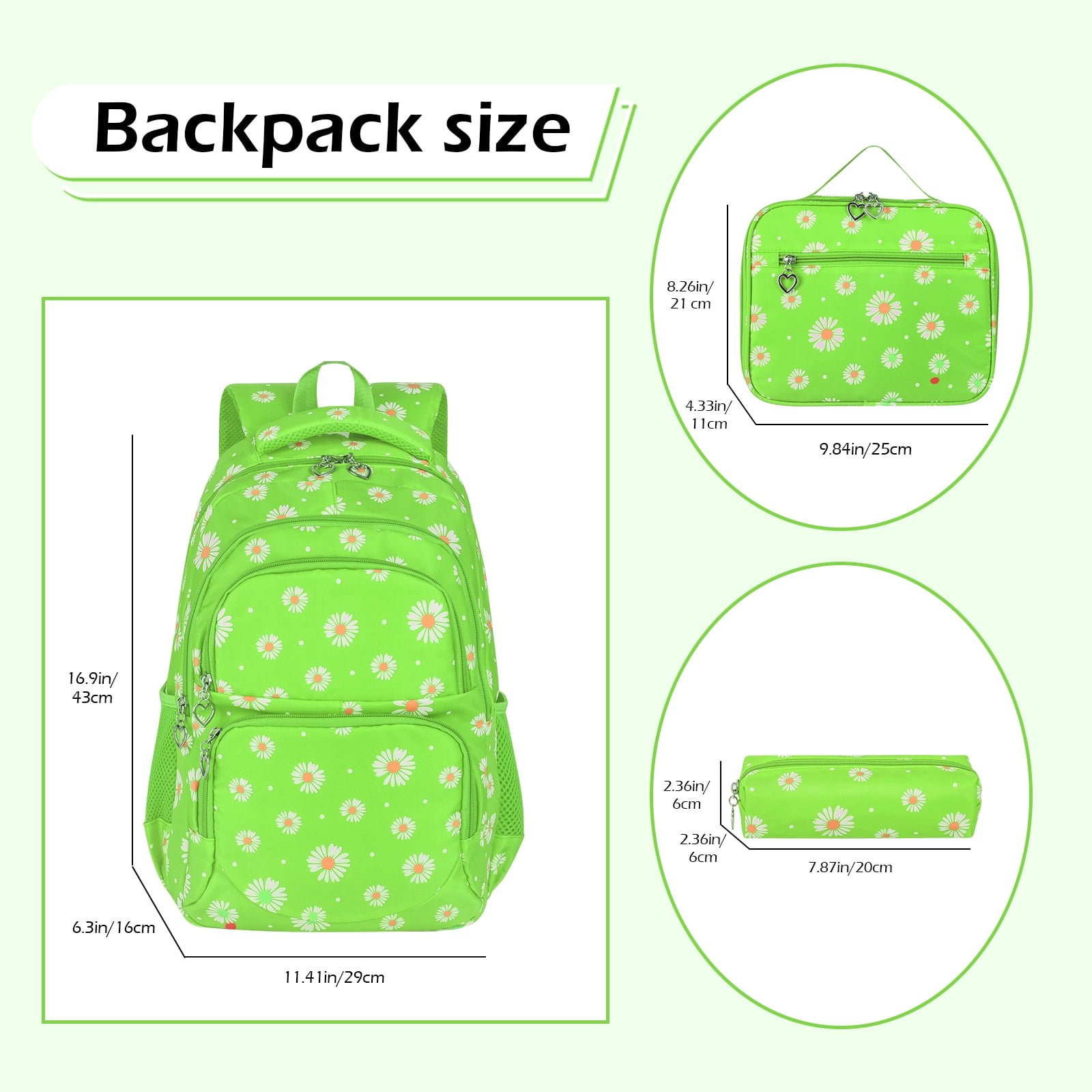 Forestfish Teen Backpack Set with Insulated Lunch Bag & Pencil Case, Water-Resistant Nylon School Bag（Daisy A/Fluorescent Green）