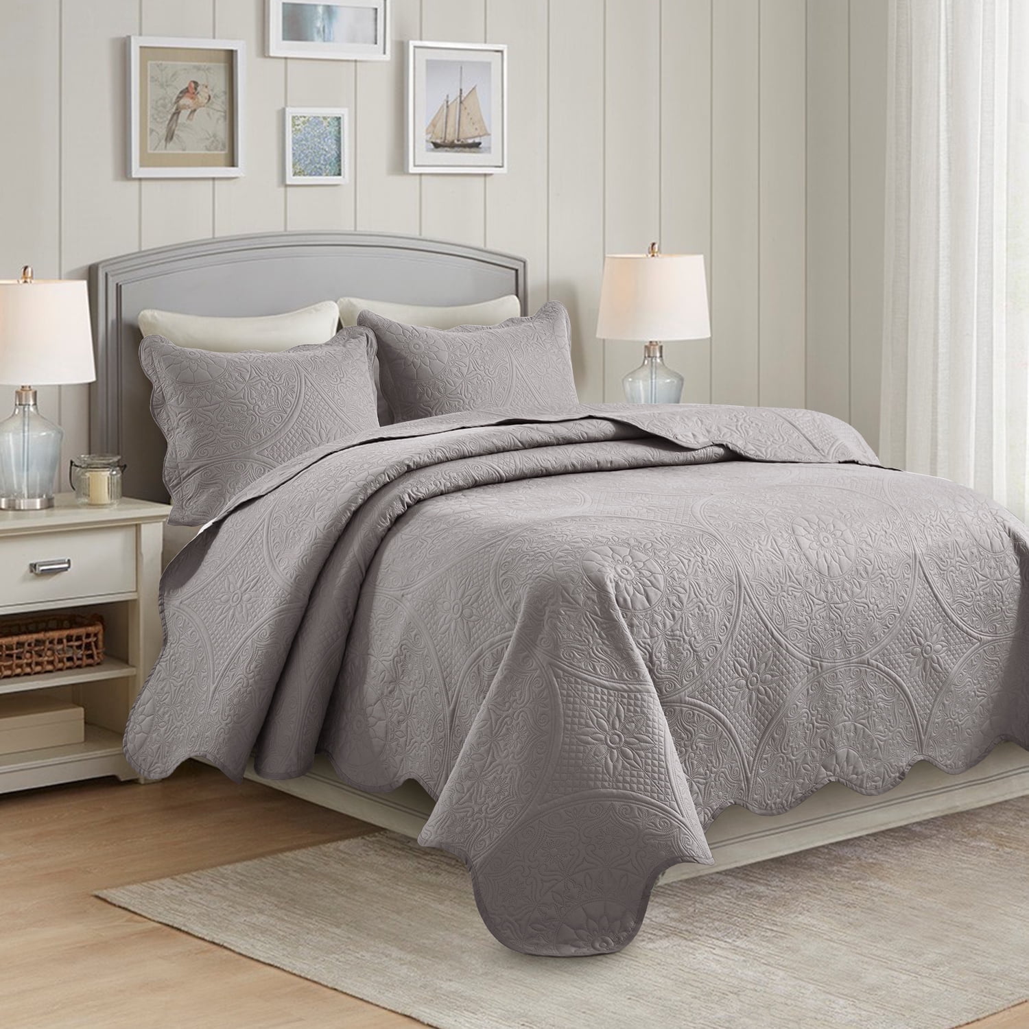 IR Imperial Rooms 2Pc-Bedspread Microfiber Soft Floral Vintage Quilt Set Lightweight Twin Silver