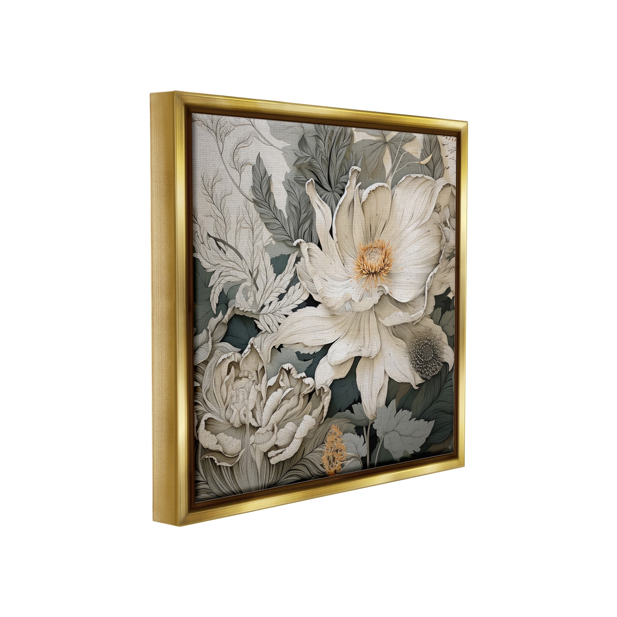 Stupell Industries Vintage Curling Petals Botanical & Floral Painting Gold Floater Framed Canvas Art Print Wall Art, 25 x 25