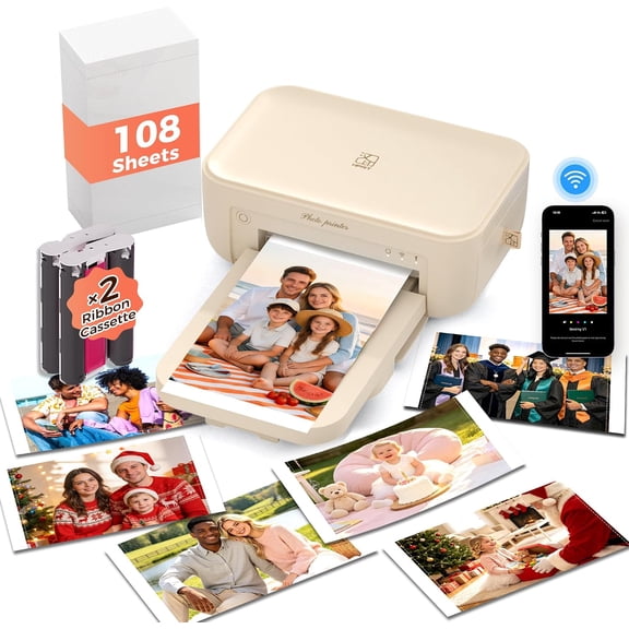 Photo Printer 4x6 with 108 Sheets Photo Paper & 2 Ribbons