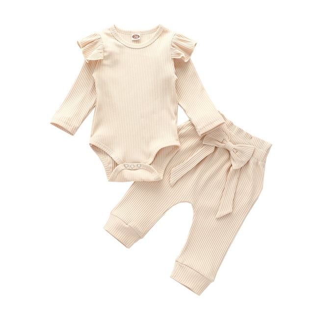 FOCUSNORM Ensemble Pantalon Bébé Rayé Solide Combinaison à Volants avec Nœud