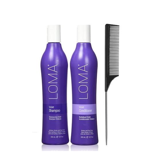 Loma Hair Care Violet Shampoo Violet Conditioner Duo, 12 Fl Oz , 2 Count (Pack of 1) - with Free Tail Combs