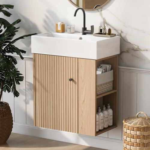 22" Floating Design Bathroom Vanity with Storage, Modern Minimalist Bathroom Vanity with Ceramic Sink, Freestanding Storage Cabinet with Soft Close for Small Bathroom, Wood