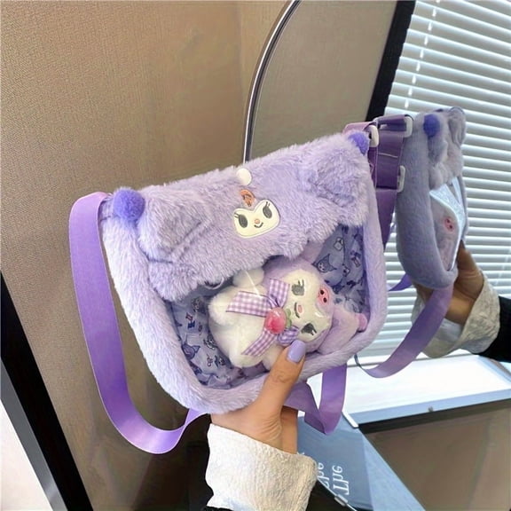 Sanrio Cute Plush Crossbody Large Capacity Shoulder Bag with Doll Cute Transparent Bag Handbag Purse