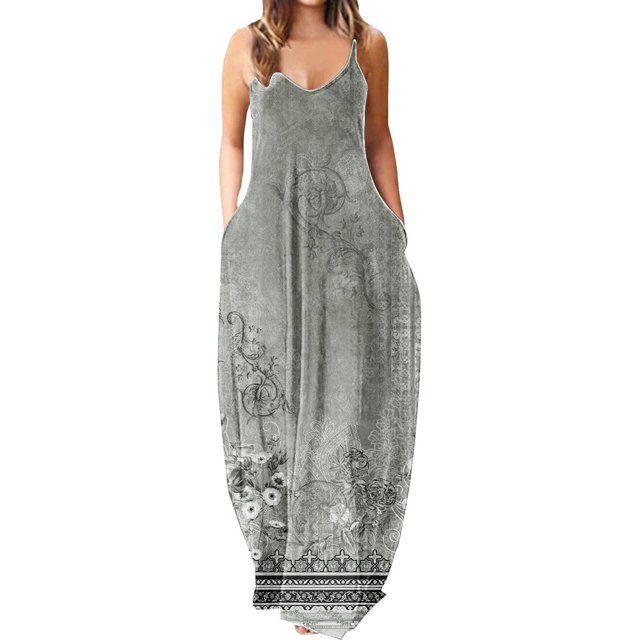 Robes Maxi pour Femmes Été Robe à Bretelles Spaghetti Grande Taille Décontractée Ample Plage Boho Robe d'Été avec Poches