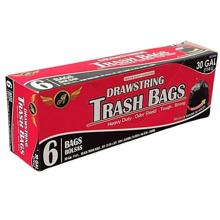 30 Gallon Drawstring Garbage Bags: 6CT