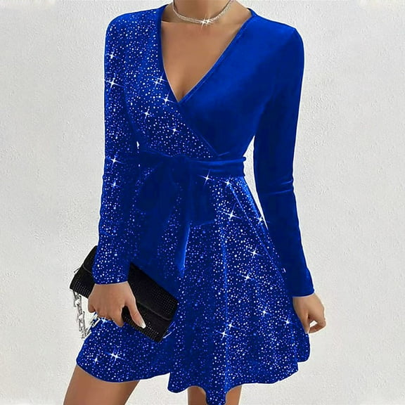 OSFVNOXV Velvet Dress for Women Rhinestone Glitter Sparkly V-Neck A-Line Ruffle Swing Mini Dress