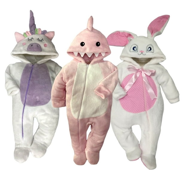 Kit 3 Mamelucos con Gorro Bordado Kiss Unicornio Lila, Tiburon Girl, Coneja Baby Kisses KitB340