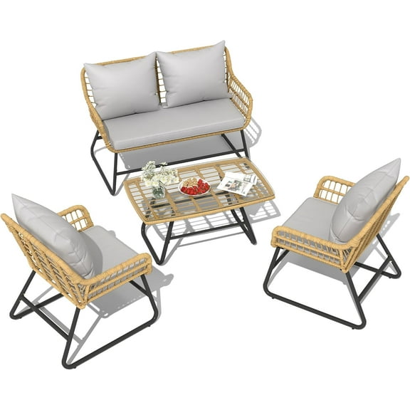 4-Piece Outdoor Patio Set with Removable Cushions, Rattan Patio Loveseat Set, Light Gray