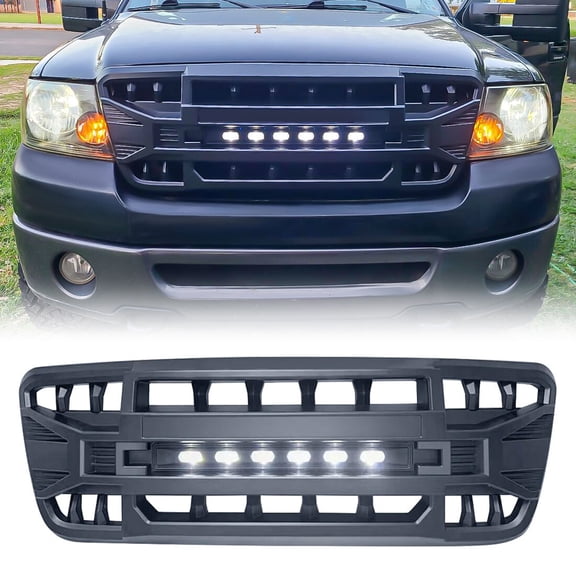 Matte Black Front Armor Grille Bumper Grill w/ Off-Road Lights For 2004-2008 Ford F150