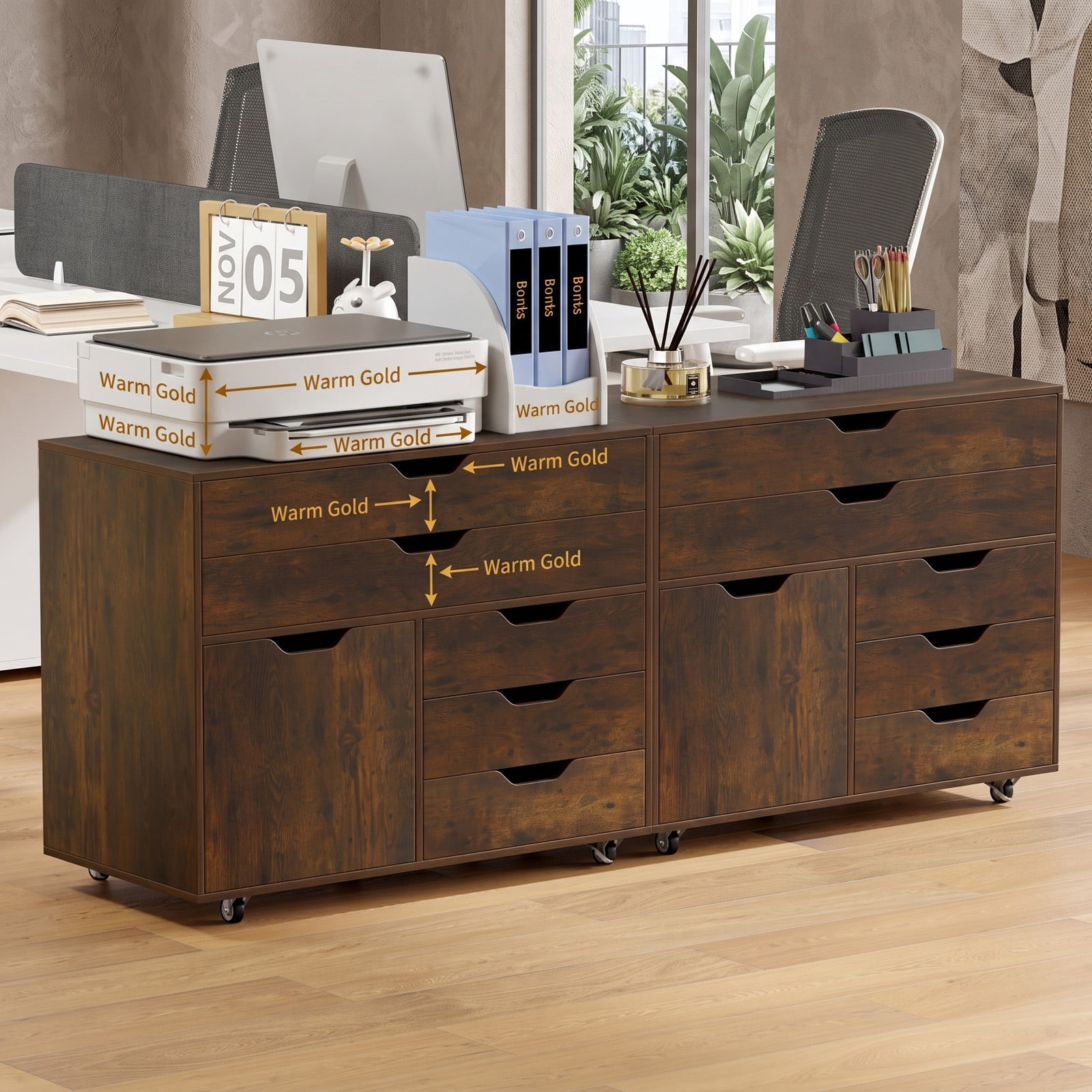 Furnibear Modern Vertical 5-Drawer Mobile Chest with Door, Rolling Storage Cabinet Dresser with 5 Lockable Swivel Casters, Wood File Cabinet Organizer for Home, Brown
