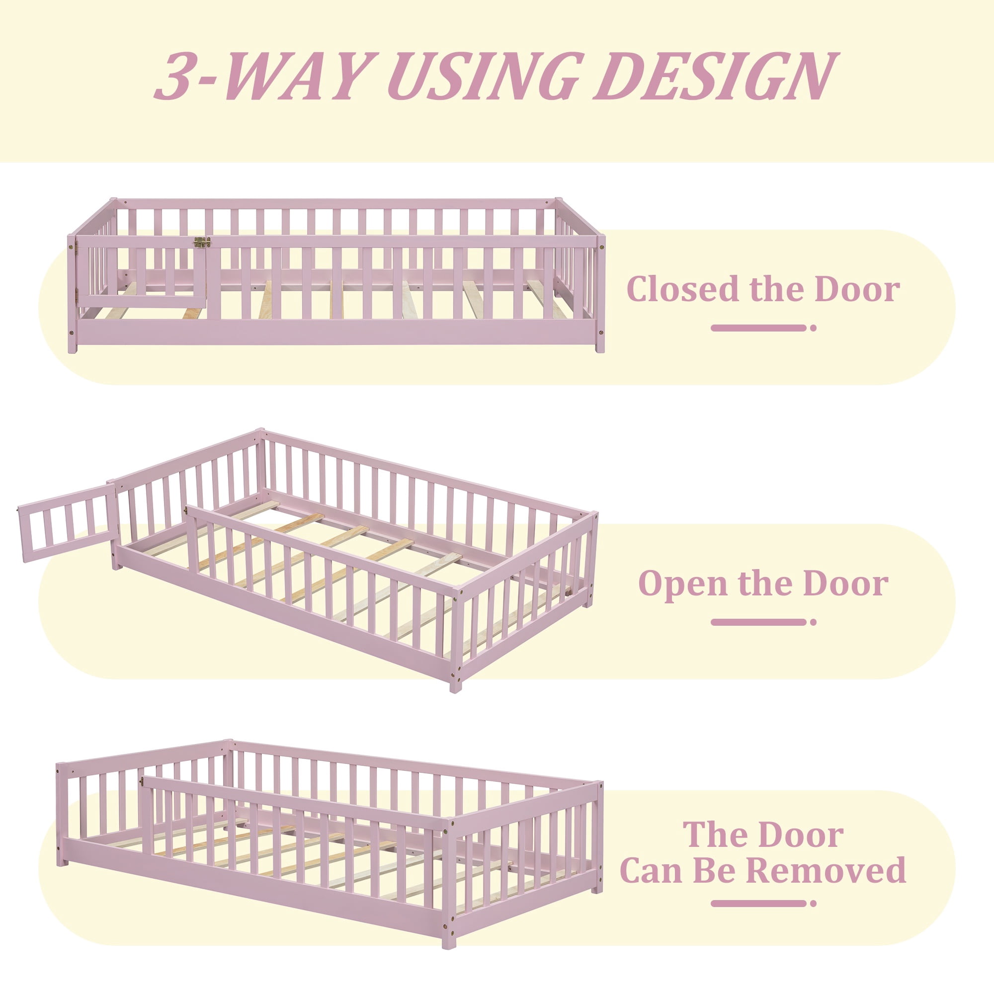Twin Size Kids Toddler Floor Bed with Door and Fence, UHOMEPRO Montessori Floor Bed with Slats and Safety Guardrails, Solid Wood Twin Bed Frame for Bedroom, Pink