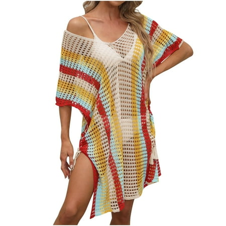 HomeGardon Short Dresses for Women Summer Women s Contrasting Color Patchwork Hollowed Out Beach Bikini Cover Up Tie Up Dress Dress for Plus Size Women Clearance