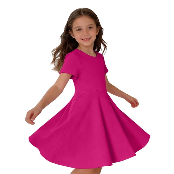 Fgnfyis Toddler Dress Short Sleeve Rib Knit Solid Color Casual Party Girls Toddler Kids Girls Summer Dresses Hot Pink 3-4 Years