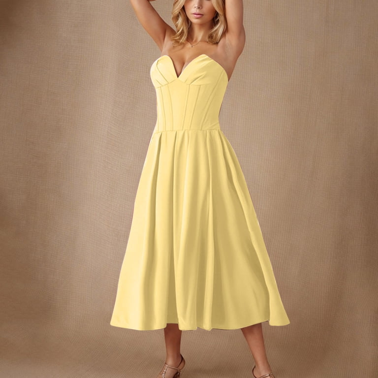 Efsteb Cocktail Dresses for Women Strapless Corset Dress Solid Color Tube Maxi Dresses Evening Party Wedding Guest Dress (Yellow,L)