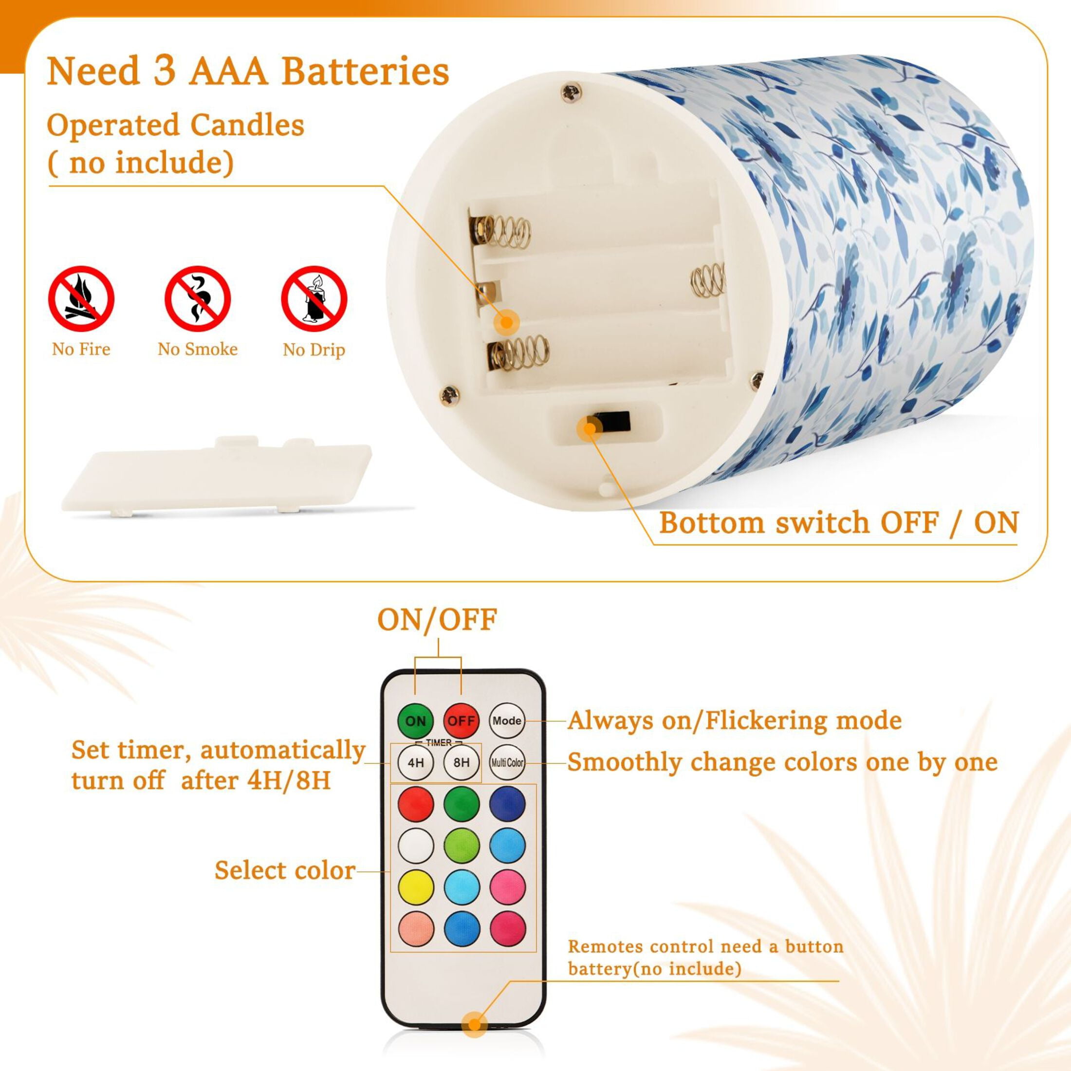 Blue Floral Flickering Flameless Candles Battery Operated with Remote Timer LED Pillar Candles Set of 2