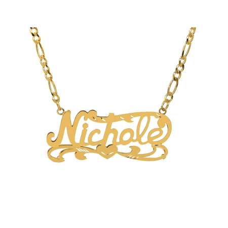 - Personalized 10K Yellow Gold Diamond Cut Nameplate Necklace with an 18 inch Gold Filled Figaro Chain