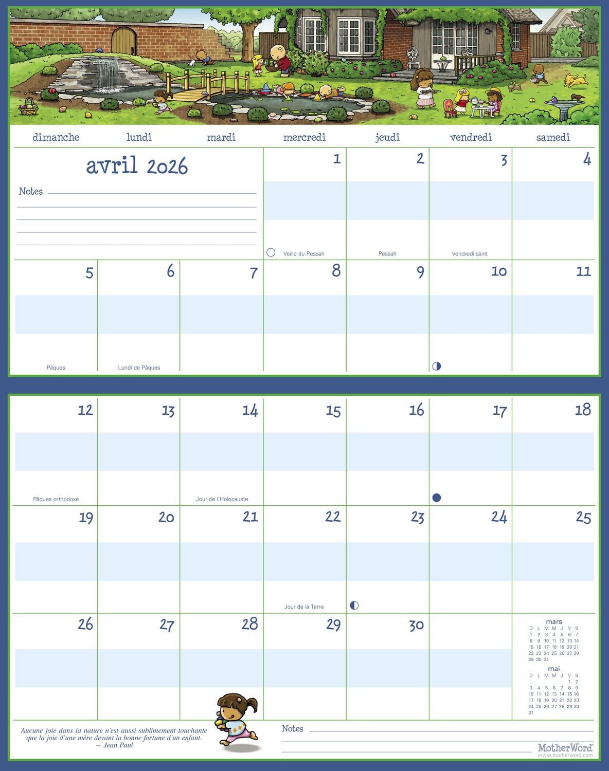 Calendrier magnétique Motherword 2026 pour réfrigérateur/mur (Version Côte à Côte) - Français Calendrier