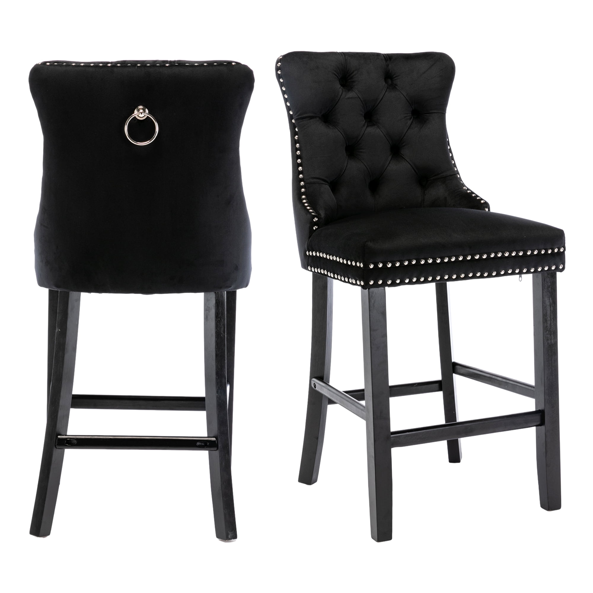 DONICK Velvet Counter Height Bar Stools Set of 2,Button Tufted Back Bar Chair Nailhead Back Pull Tab Wooden Leg(Black)