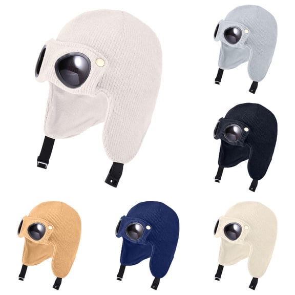 AWZXDE Windproof Lined Knitted Flight Winter Hood Cap With Goggles For Kids Outdoor Warm Wear