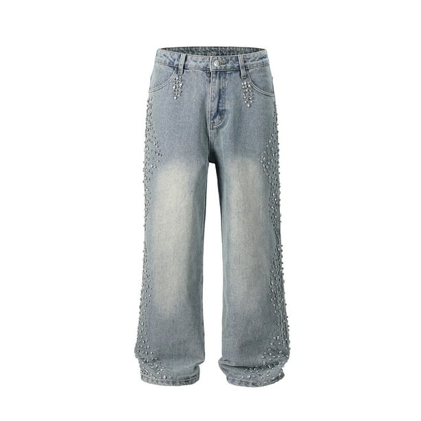 Pantalones Retro Con Cuentas For Hombre, Vaqueros De Barril Con Aplicación De Diamantes De Imitación, Vaqueros Holgados, Pantalones Vaqueros Informales De Pierna Ancha