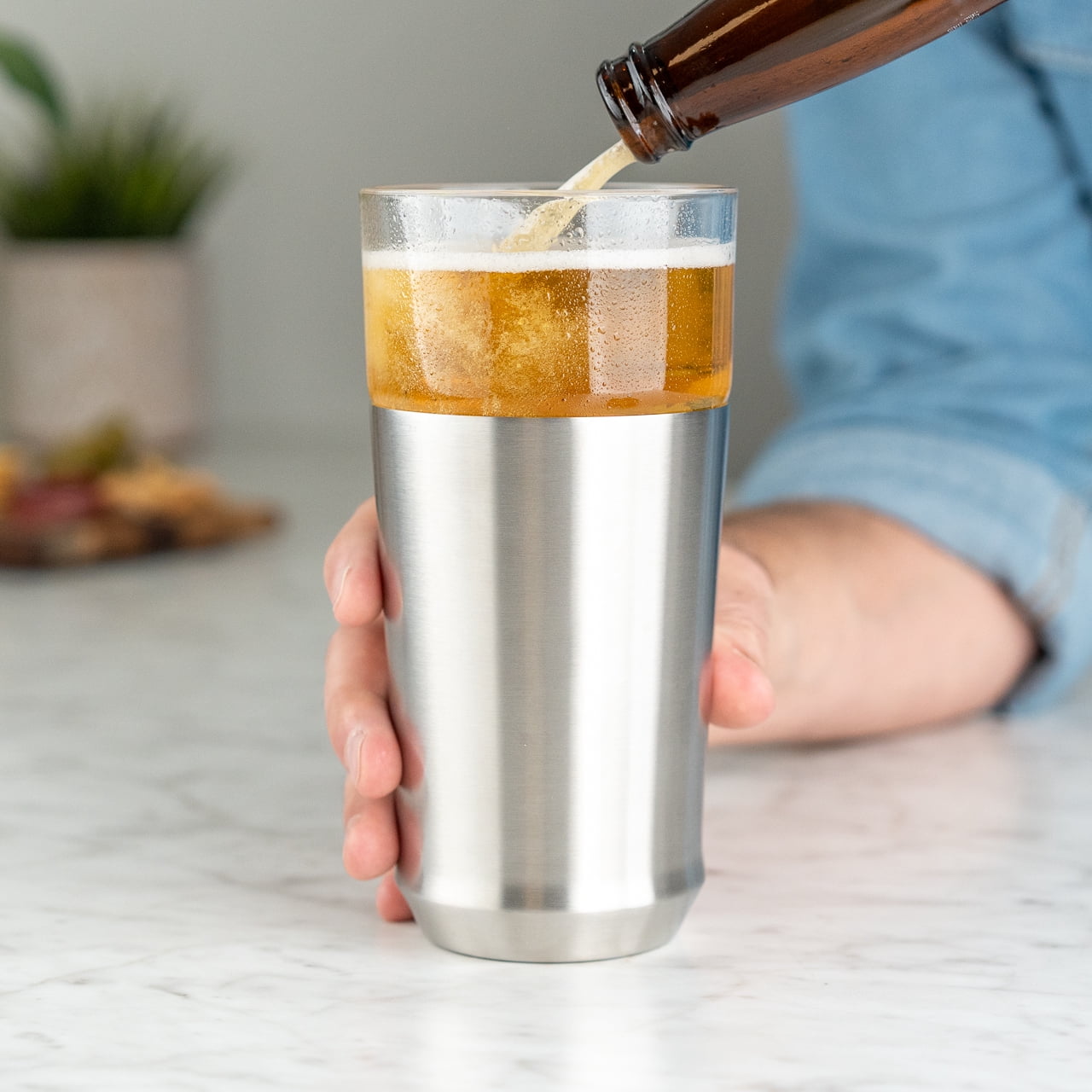 Elevated Craft Hybrid Vacuum Insulated Stainless Steel Base with Removable Pint Glass Insert, Ideal Insulation for Beers & Cold Beverages with Built-in Bottle Opener, Durable & Stylish, Steel (16 oz)