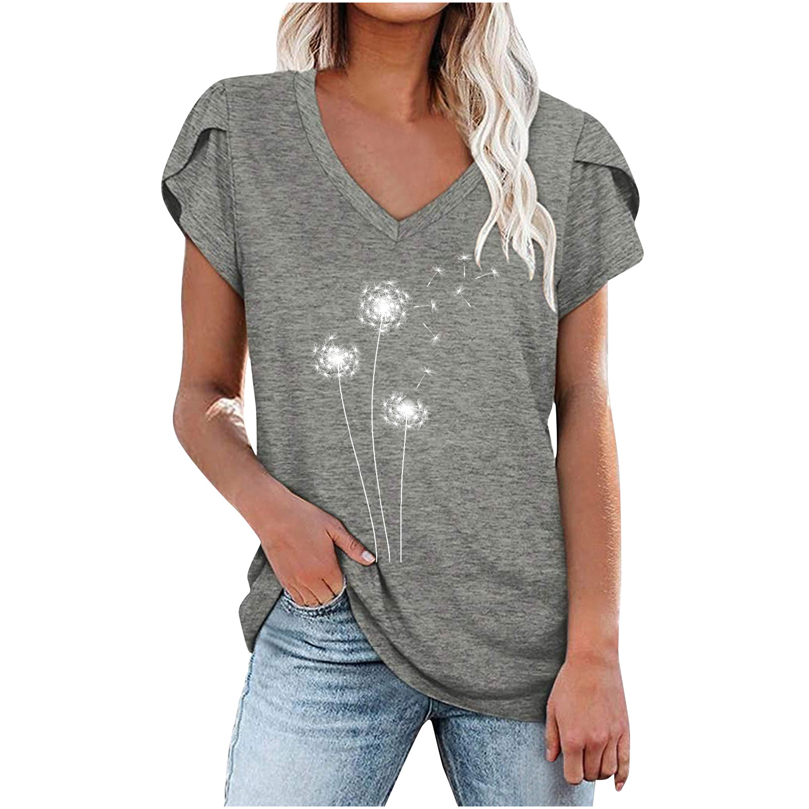 Womens Summer Casual T-Shirts V Neck Petal Short Sleeve Tops Loose Comfy Office Blouse Lightweight Cute Tunic Tops